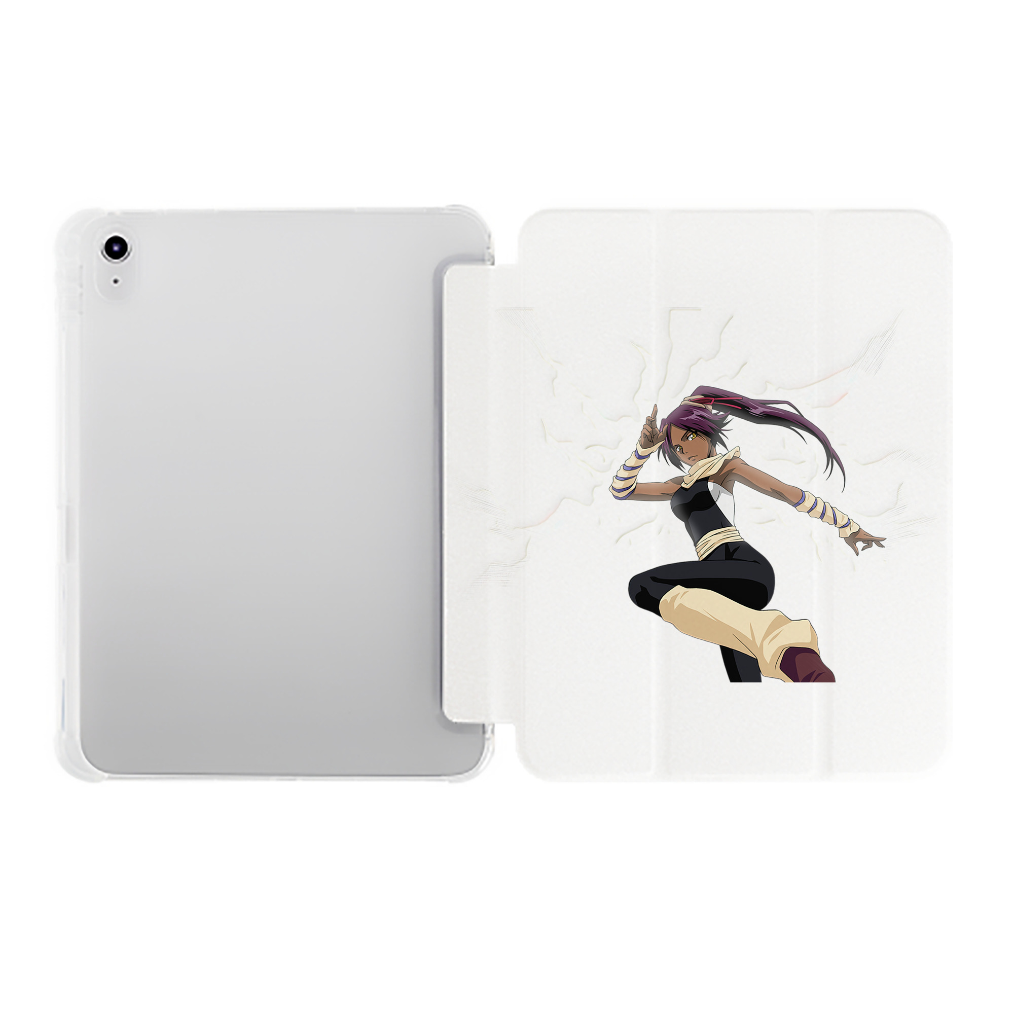 （画像用） ブリーチ 四楓院 夜一（しほういん よるいち） BLEACH Shihouin Yoruichi IPad ケース ペン収納付き 三つ折りスタンド PUレザー×シリコン 対応機種9.5/10.5/10.9インチ